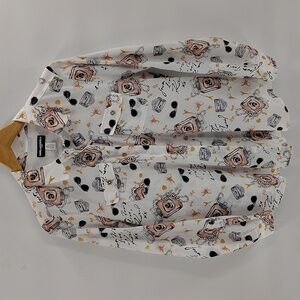 Karl Lagerfeld Paris button down blouse size medium white perfume bottle print